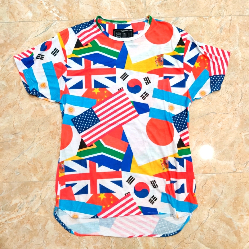 Global Flags All Over Print Short Sleeve Long line Oversized Tee Shirt